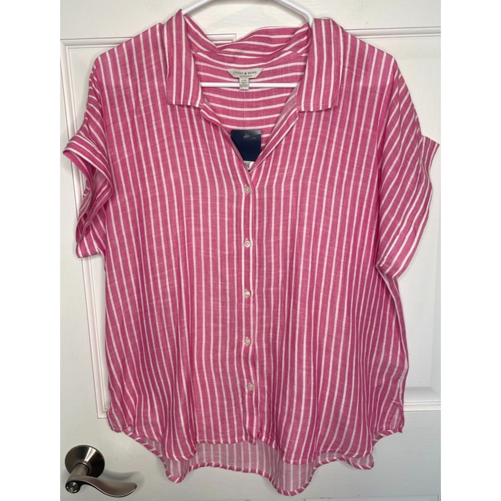 NWT Lucky Brand Women's Cotton Modal Button Down Short Sleeve Blouse Sz L Stripe - Picture 3 of 13